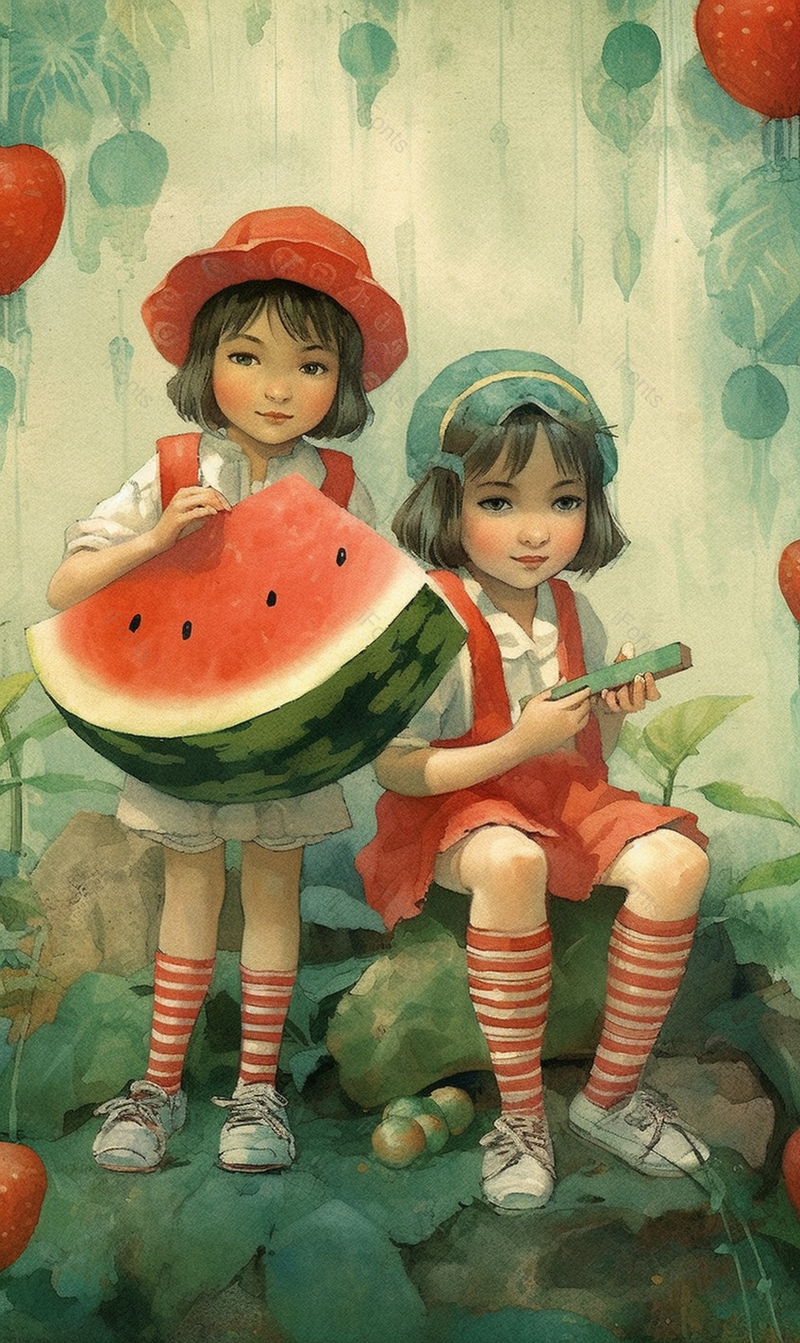 水果西瓜两个小女孩萌娃玩耍儿童节创意插画素材壁纸,插画/手绘图,插画/手绘图库,插画/手绘图下载,插画/手绘